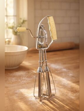 Vintage Maynard Hand Crank Egg Beater Mixer Yellow Handle Retro Kitchen Tool